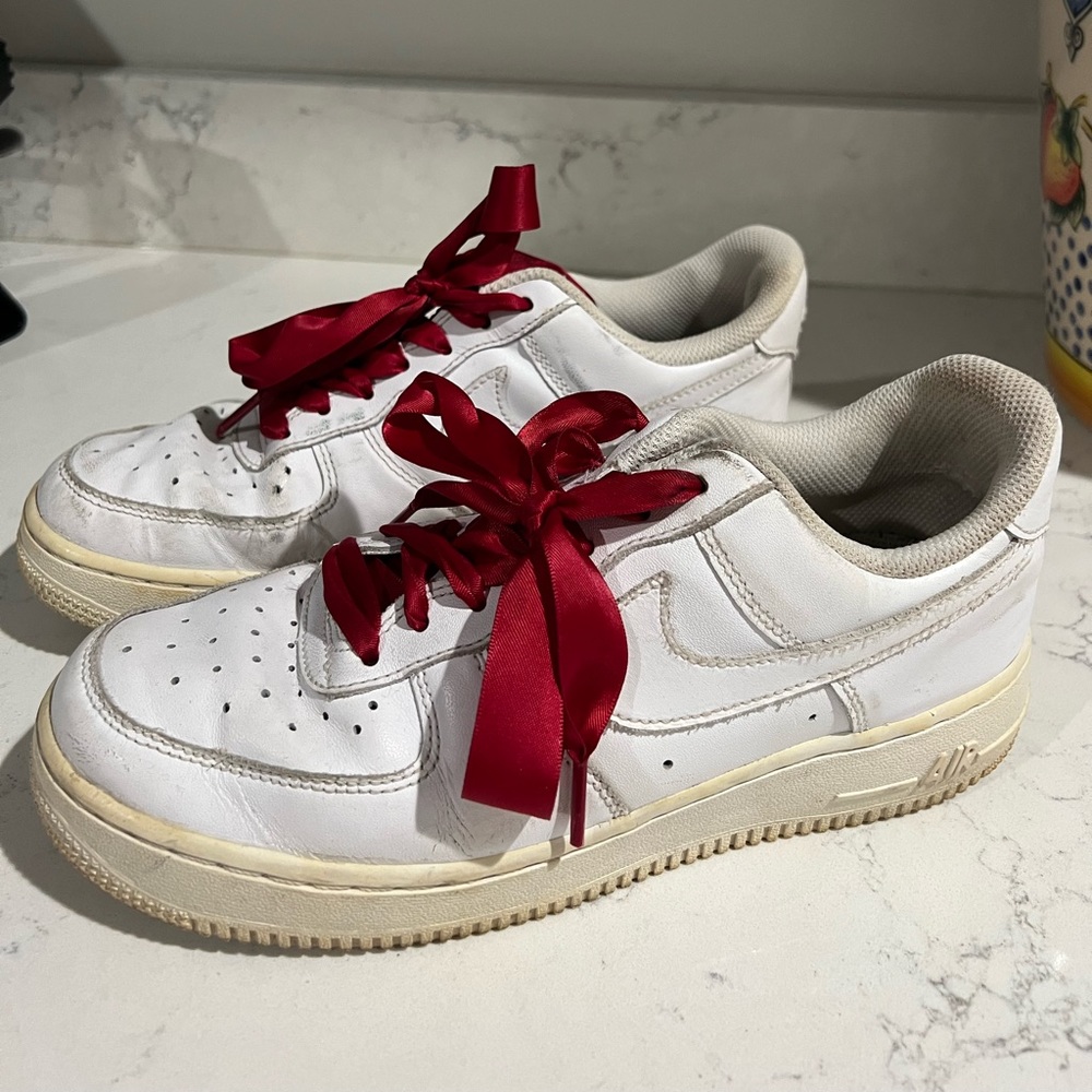 Size 7 Air Force ones with red ribbon shoe laces